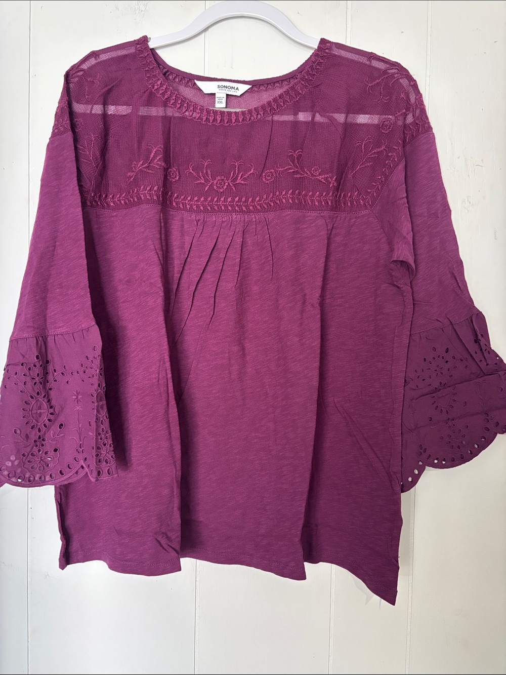 Sonoma Magenta Embroidered Eyelet Bell-Sleeve Tunic